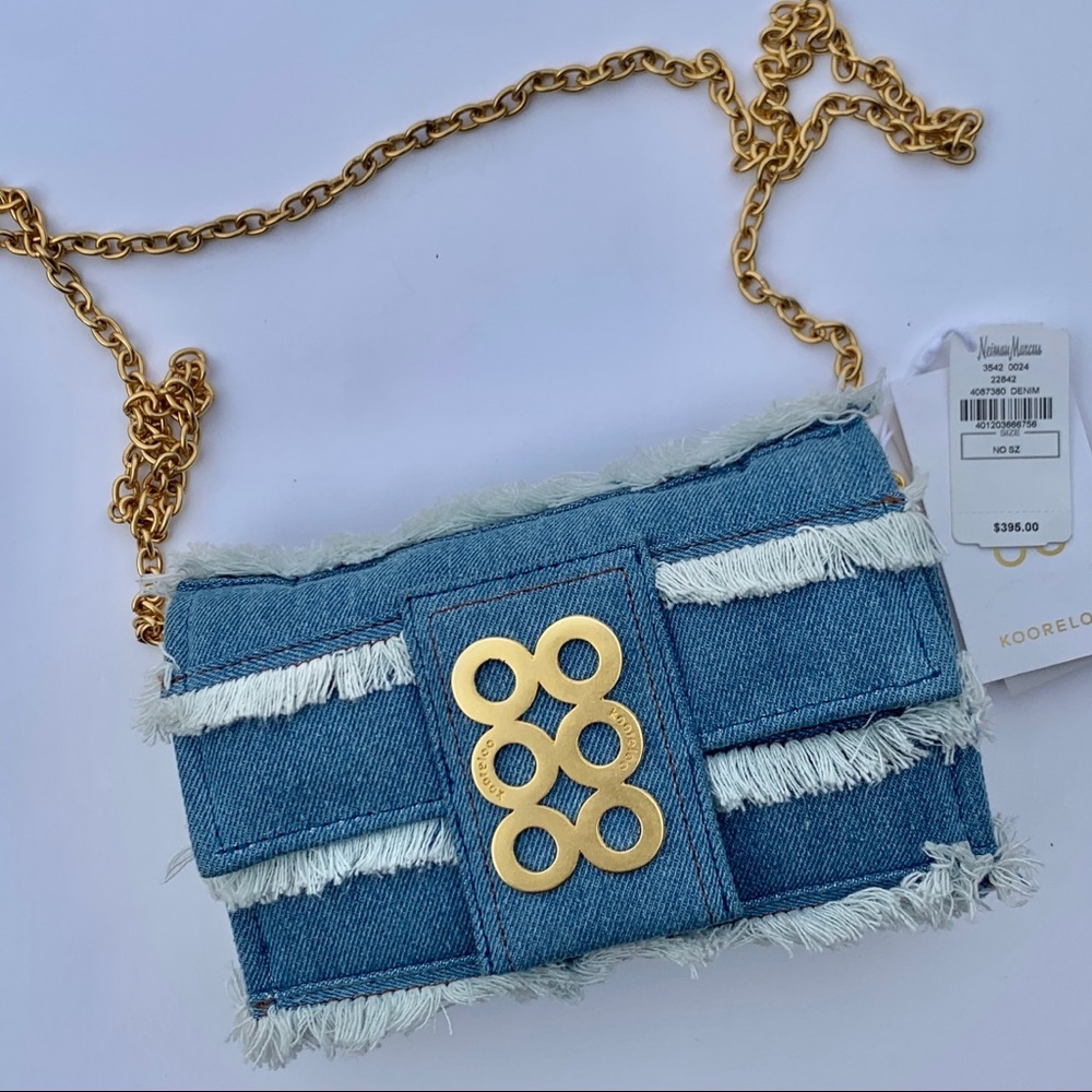 Kooreloo Amalfi Fringe Denim Crossbody Bag Gold Chain Blue - Picture 3 of 11